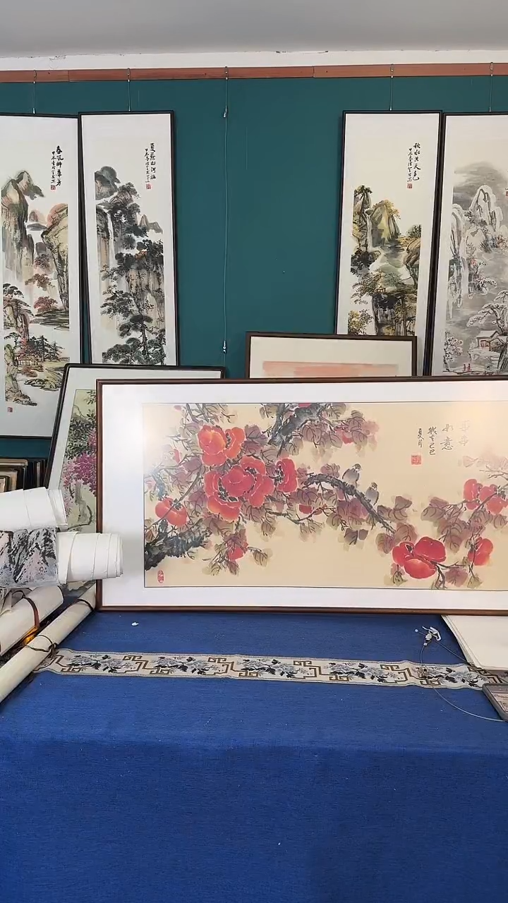 国画柿柿如意实木装裱63*123
