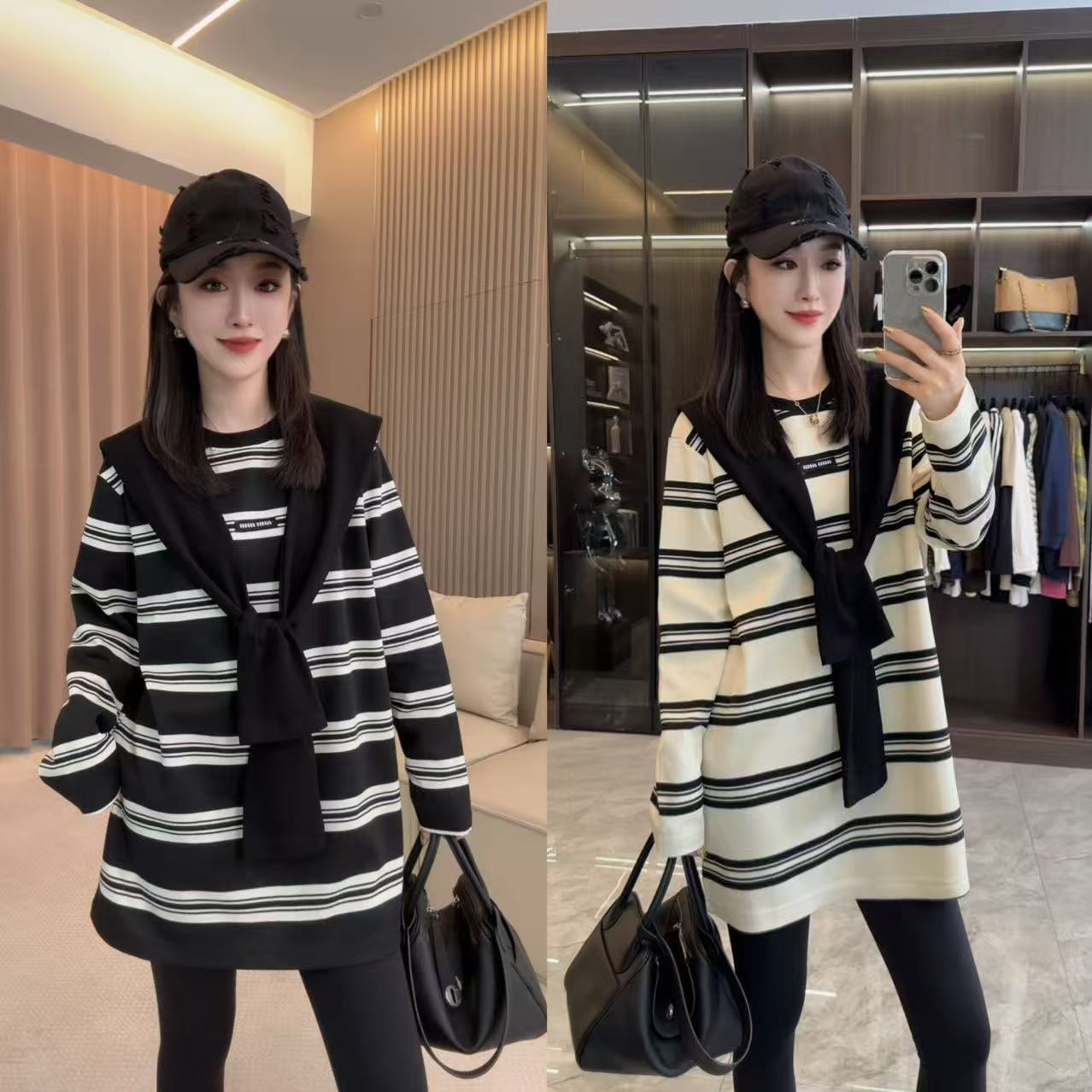  【CL·丽丽家】慵懒风宽松型简约条纹披肩T恤大衫CL516