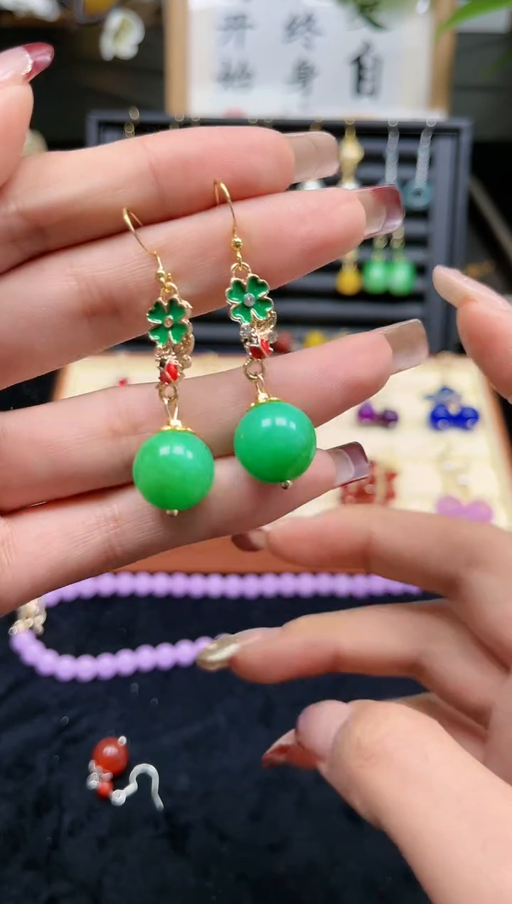 【闪购商品】石英质玉耳饰银S925镀金镶嵌508000