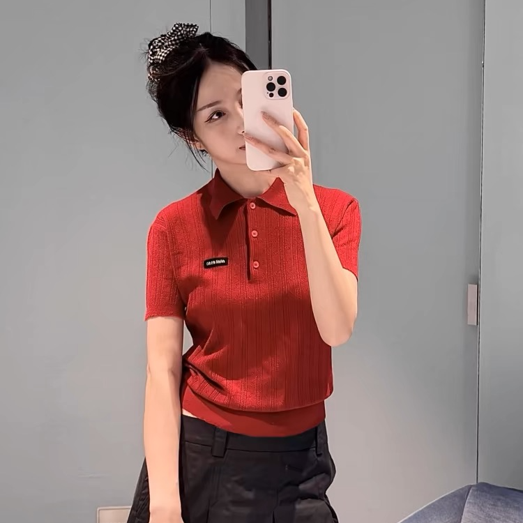 短袖女天丝上衣字母刺绣翻领修身针织衫夏季修身时尚显瘦上衣百搭