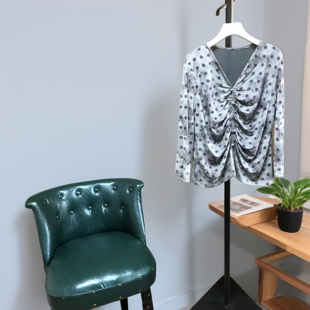 112减龄时尚波点印花V领褶皱双层网纱女长袖上衣