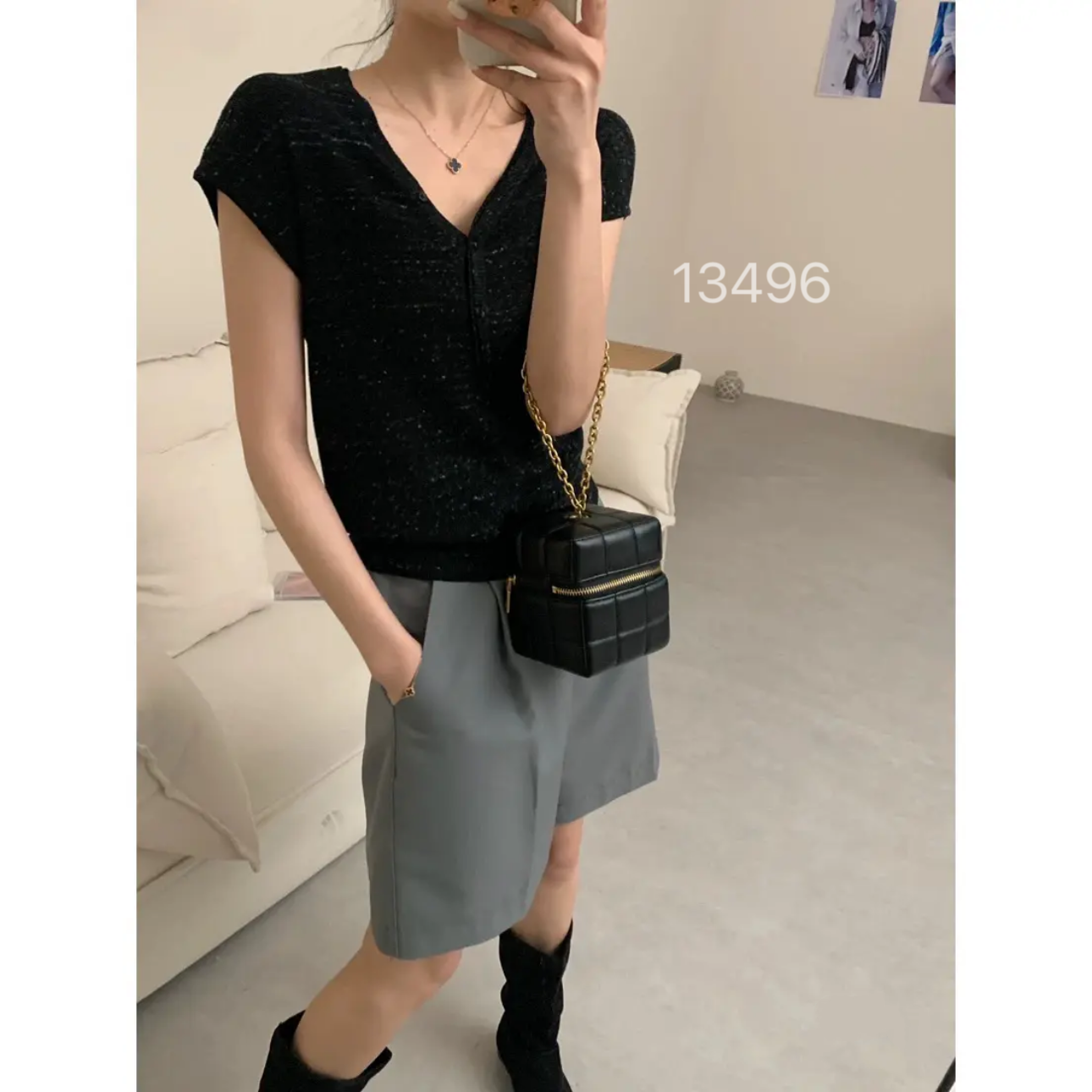 13496（部分无水洗唛，介意慎拍）SANFAN新款净版鸡心领小飞袖