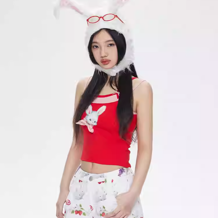 自播MOF礼物商店 夏季辣妹新品红色假两件兔子印花背心小吊带