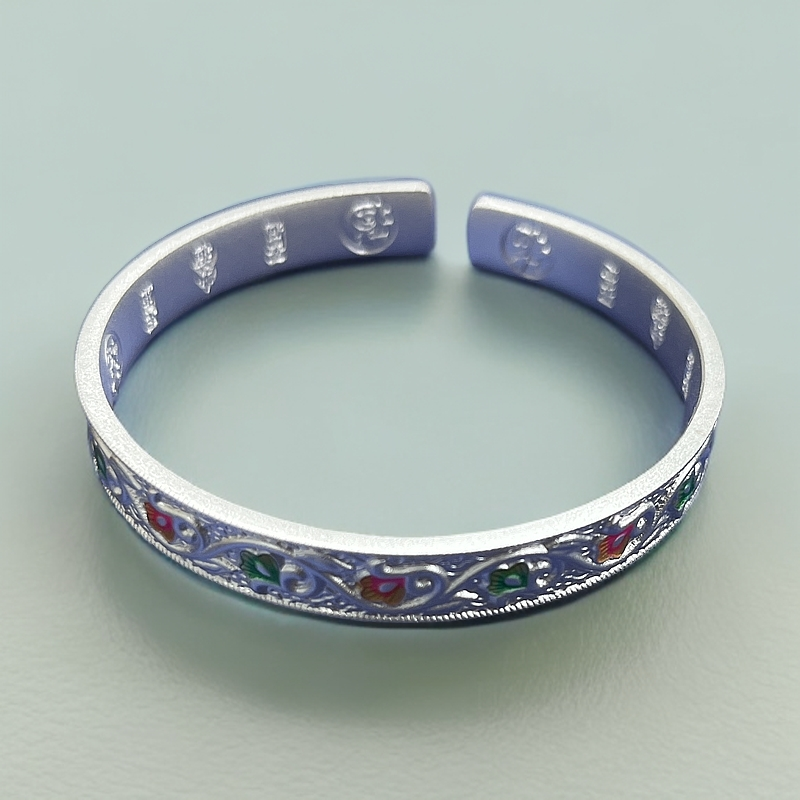 足银手镯 999珐琅彩蝴蝶繁花开口复古宫廷风镯子送礼（礼品）