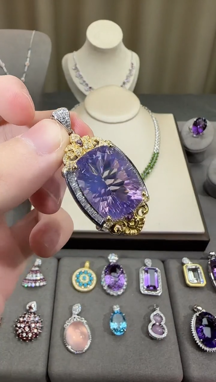 颈饰银S925镶嵌水晶15*20mm35ct薰衣草吊坠高级款