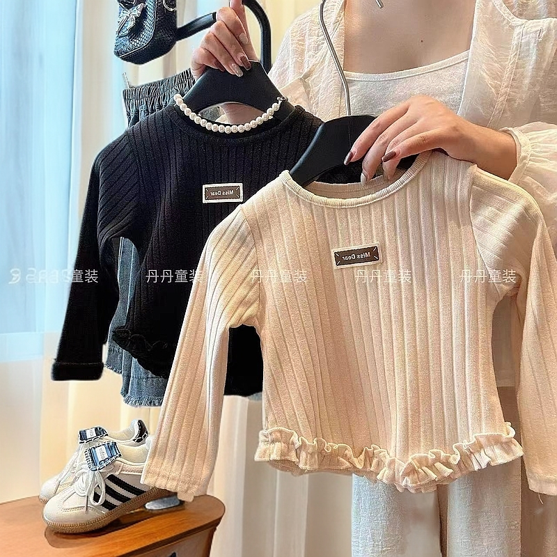 秋冬新款洋气时尚韩系女童t恤长袖加绒打底衫女宝套头花边百搭