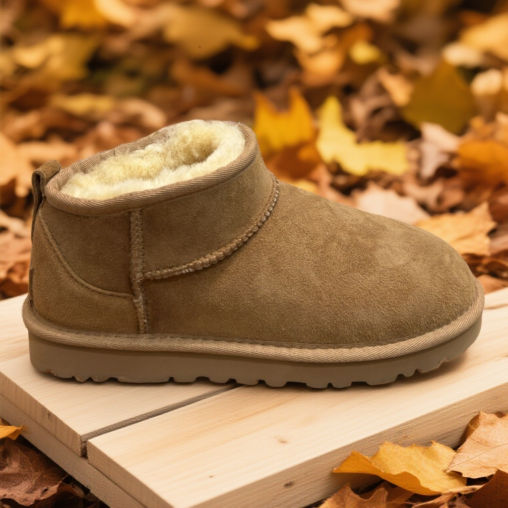 【薄底冬雨】秋季女士休闲舒适平地纯色圆头时尚经典短筒雪地靴