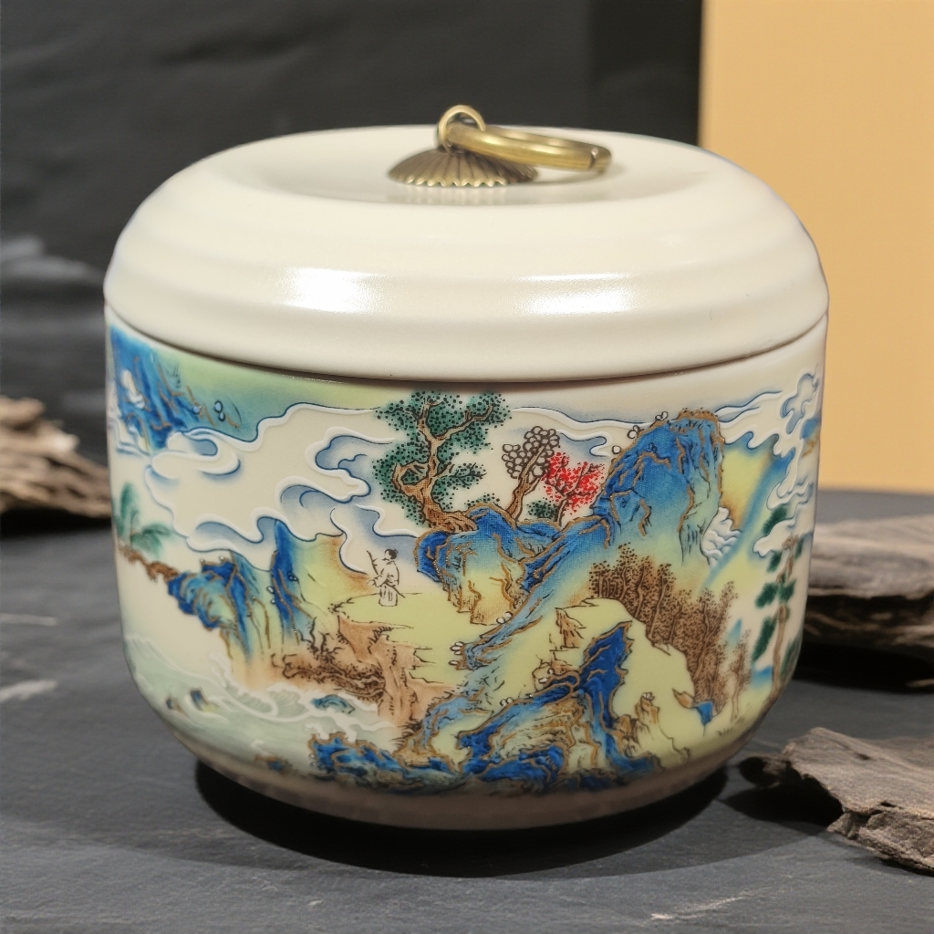 千里江山茶叶罐1724大号带盖高档