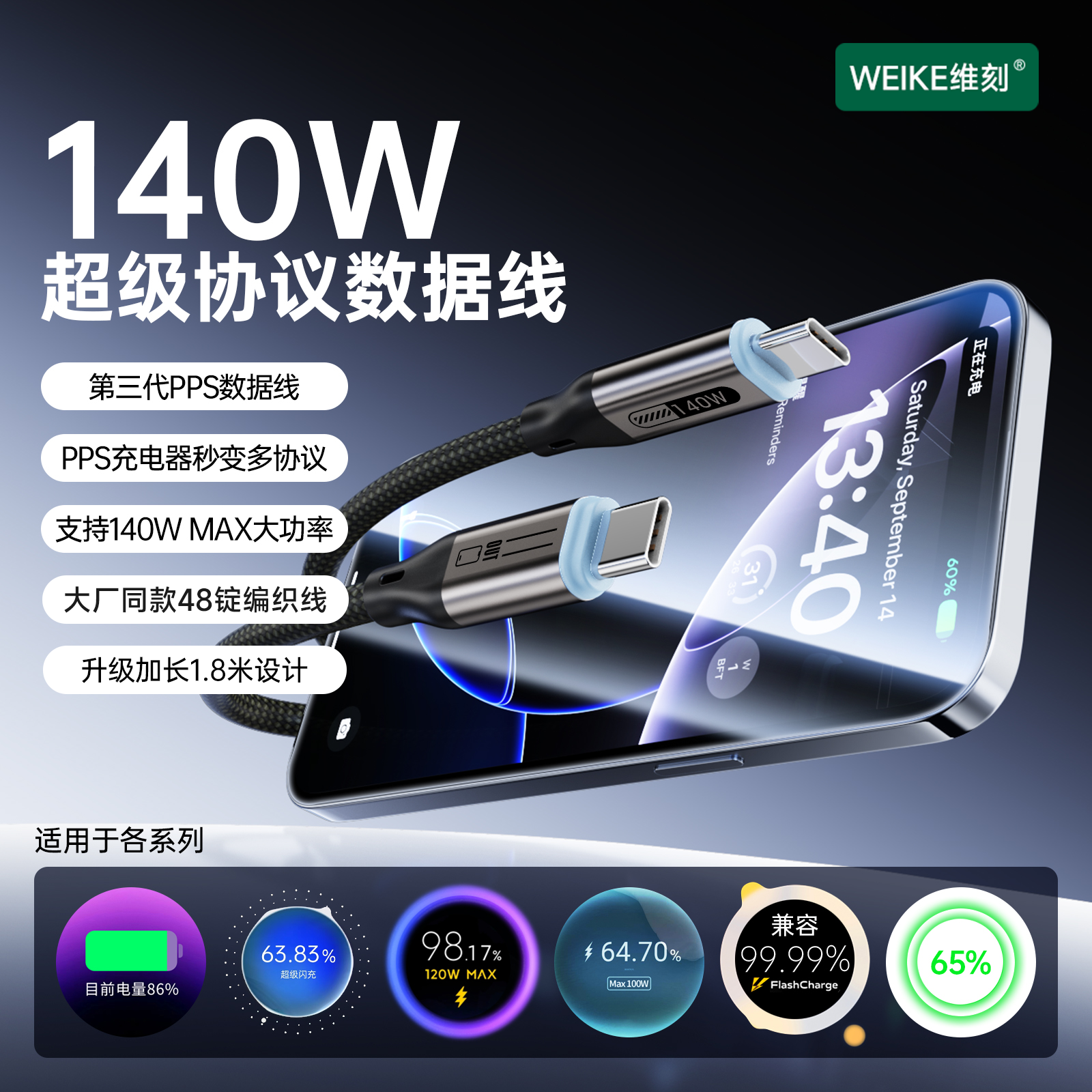 维刻WEIKE140w超级协议转换数据线升级1.8米48锭编织工艺超级快充