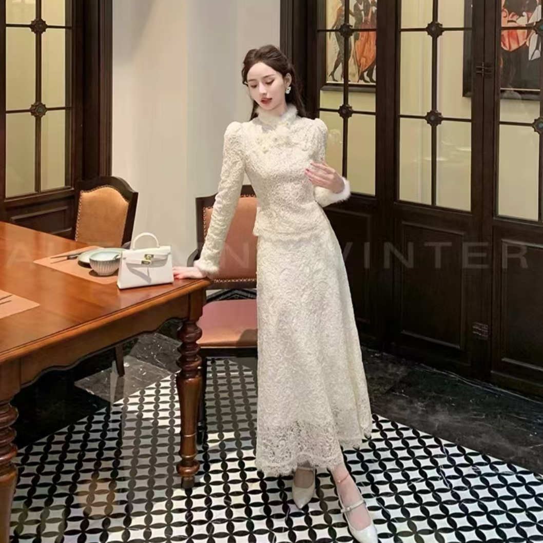 公主家1033水貂毛立领蕾丝上衣加绒加厚长裙修身气质套装洋气