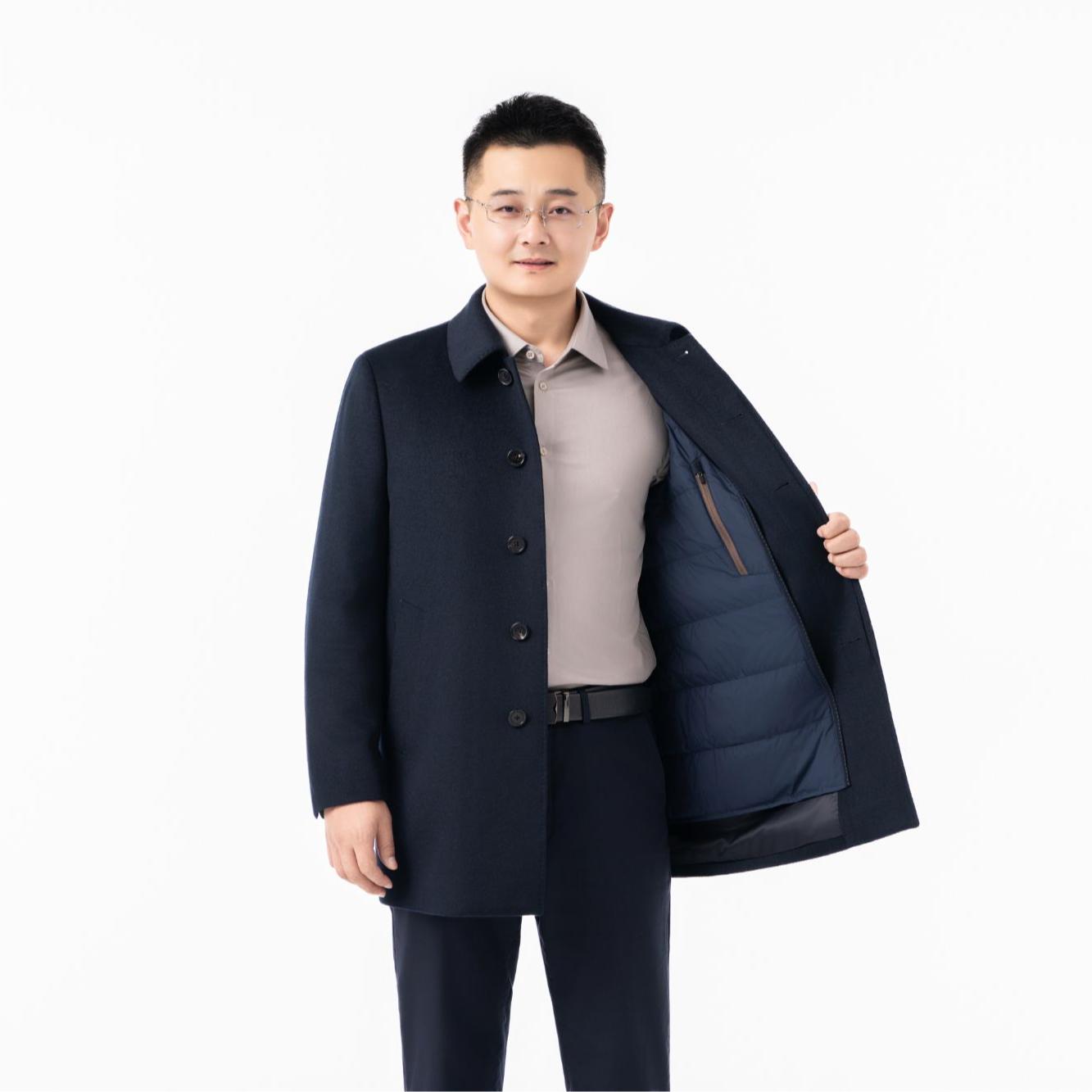 【羊绒&羊毛＋95%鹅绒】金菲奈中长款翻领纽扣款商务男士毛呢大衣