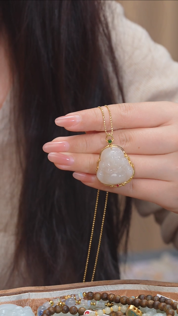 【闪购商品】和田玉吊坠不含链18K金镶嵌藕粉@@N3478