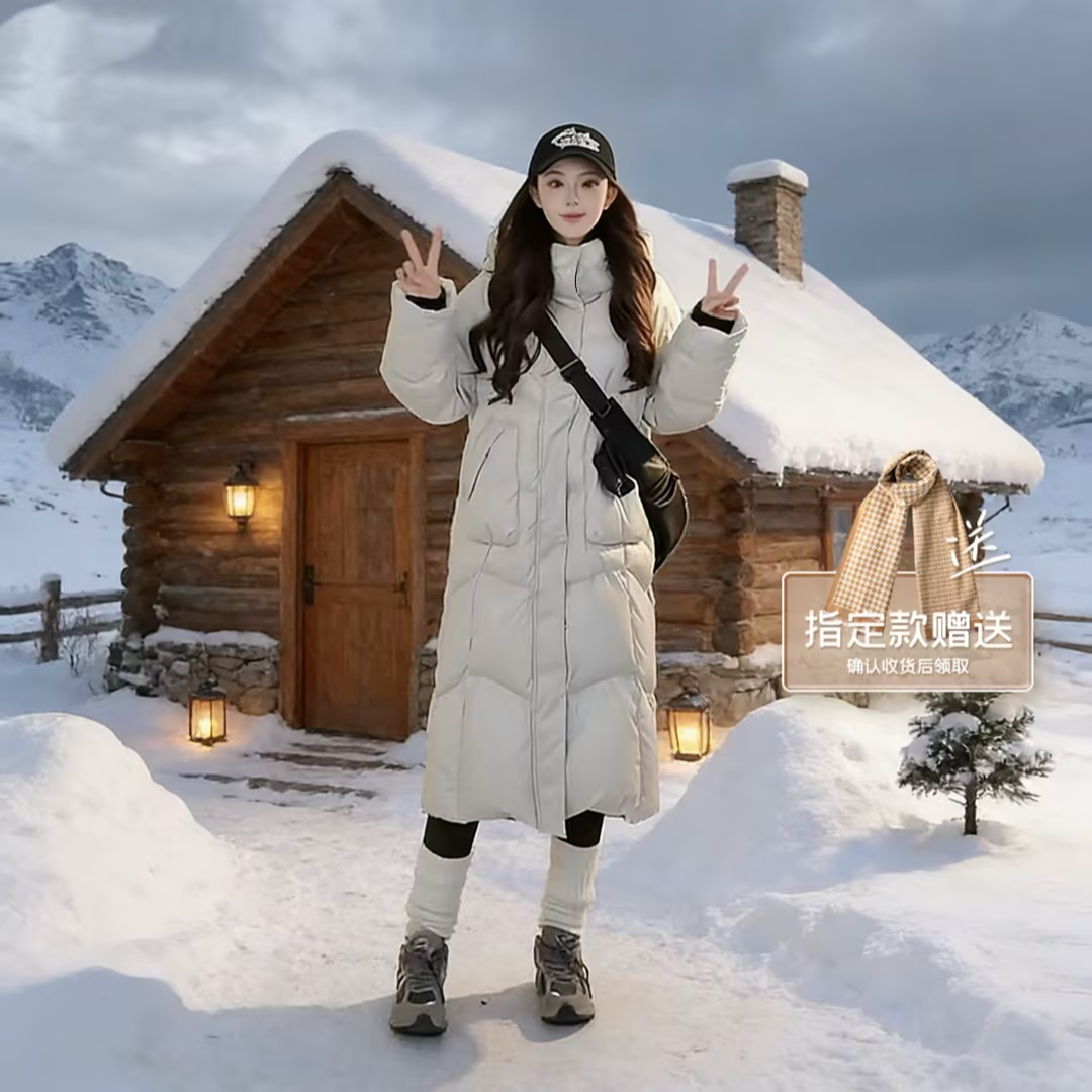 艾莱依冬季新款可脱卸U型枕长款户外加厚连帽保暖外套1295