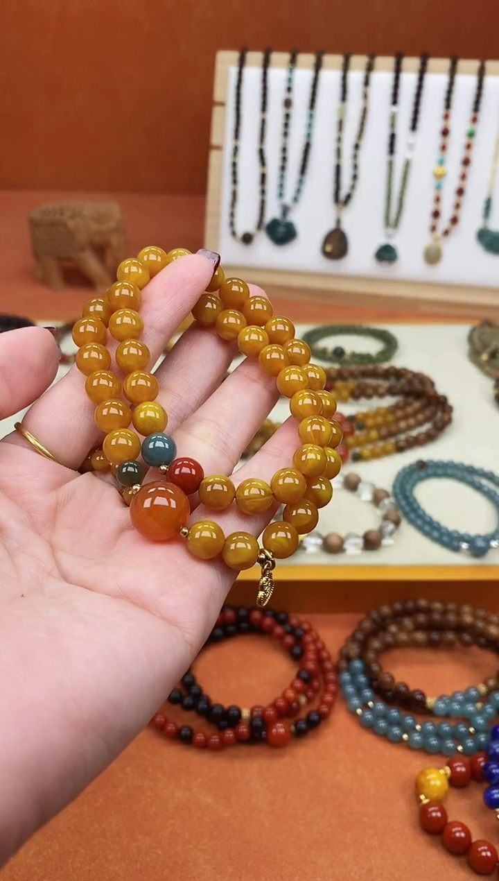 手链蜜蜡未镶嵌双圈蜜蜡和田南红蓝水手串