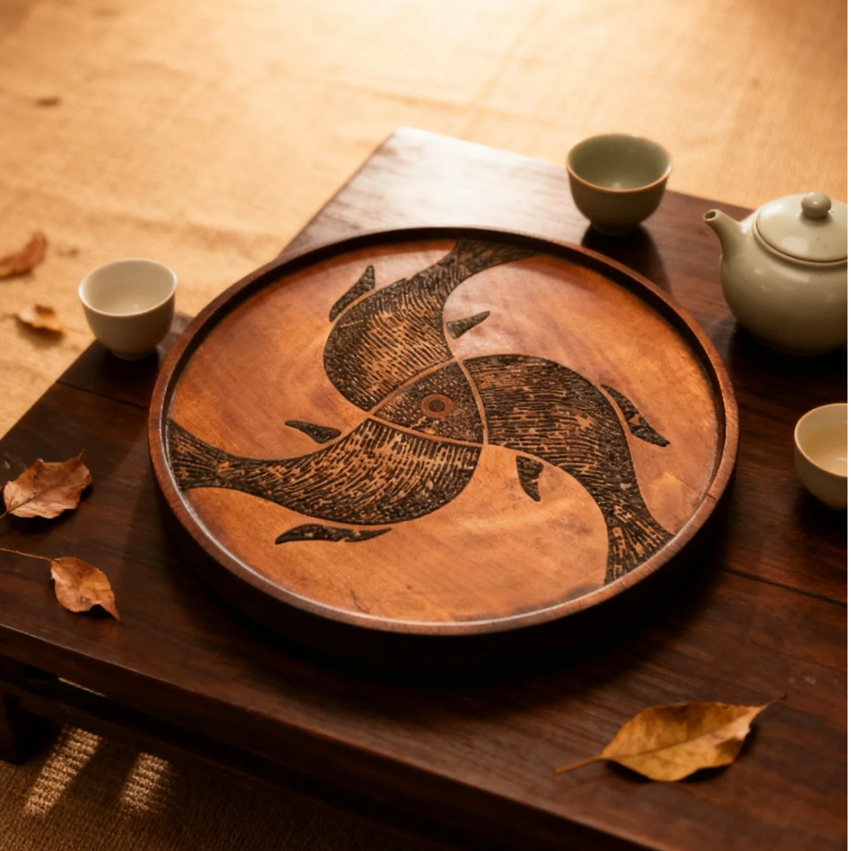 【三鱼共首】古树红樟手工刻绘干泡茶盘复古围炉煮茶侘寂风茶具托盘