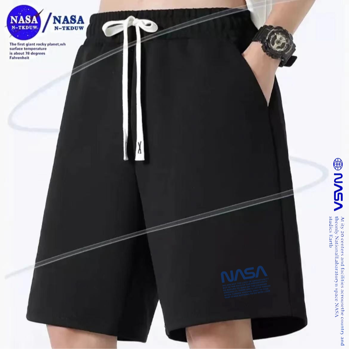 潮牌联名款短裤华夫格透气夏季休闲五分裤【小蓝字母 nasa】A-09