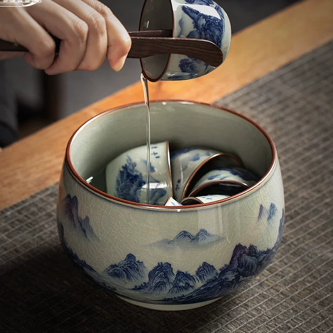 景德镇陶瓷干泡茶具老陶泥千里江山茶洗釉下青花开片茶渣缸洗杯