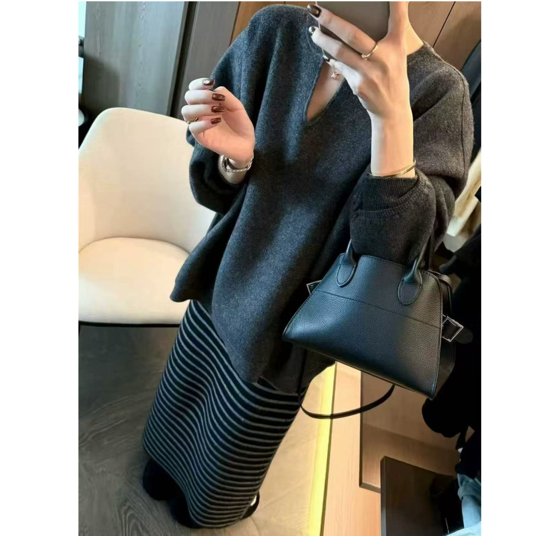 韩系中长款浣熊绒条纹半身裙两件套装女2025冬季新款欧货731