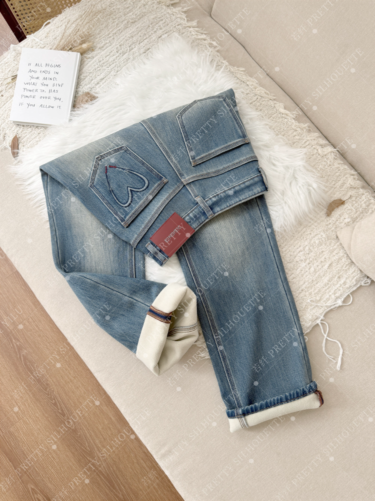 Pretty Silhouette/若纤秋冬爆款加绒加厚牛仔【柔云蓝】窄版直筒裤