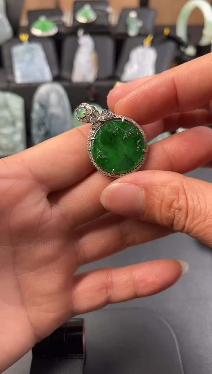 翡翠银S925镶嵌吊坠(不含链)翡翠危料阳绿吊坠SHCC253