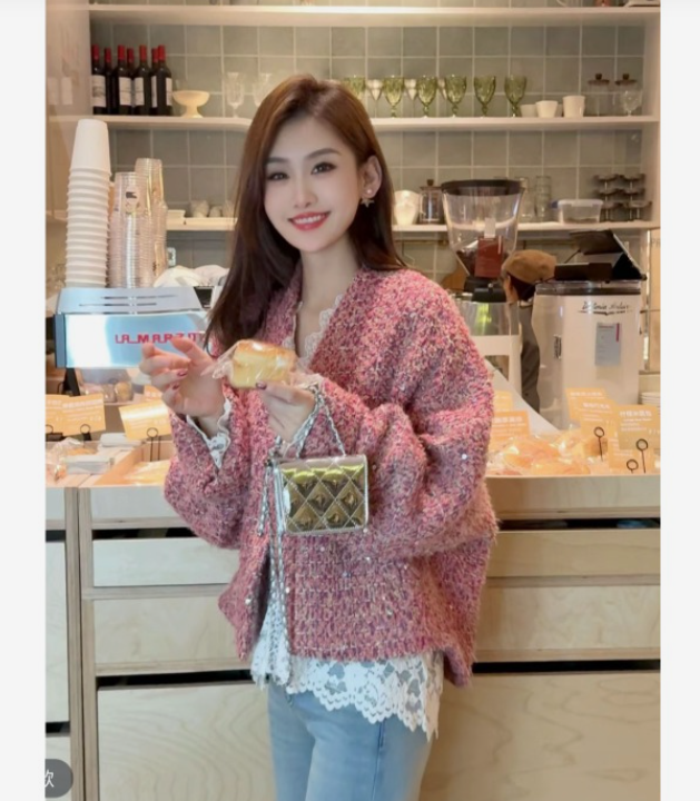 【甜粉佳人】2025秋女新款厚版宽松亮片时尚气质百搭小香外套