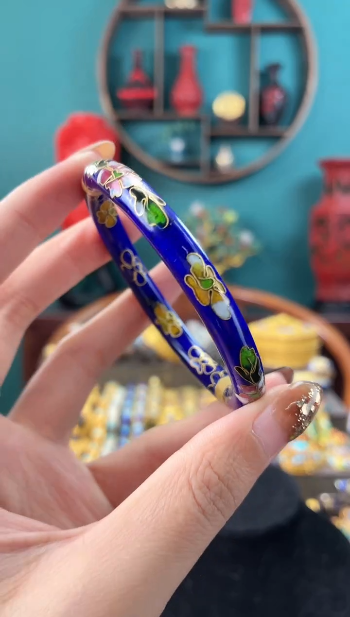 景泰蓝开口银蓝圆镯子55-60