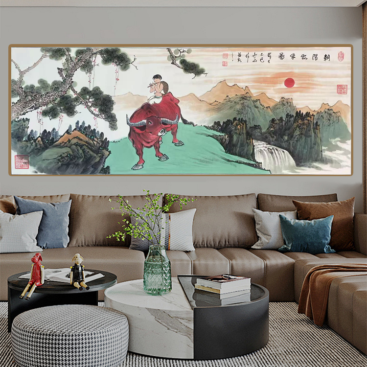 贾文华老师国画手绘作品 朝阳牧牛图六尺 横幅