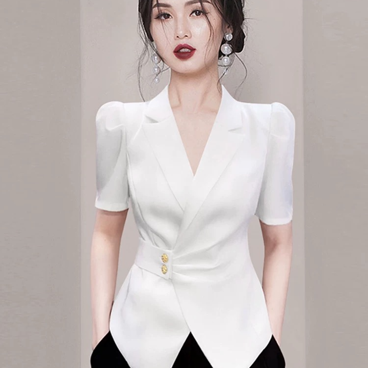 职业西装领白衬衫女2025夏季新款法式轻奢女神范气质收腰通勤上衣