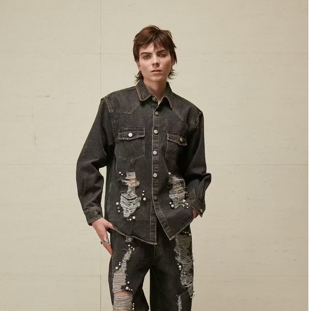 NONHUMAN珍珠牛仔外套秋季水洗时尚