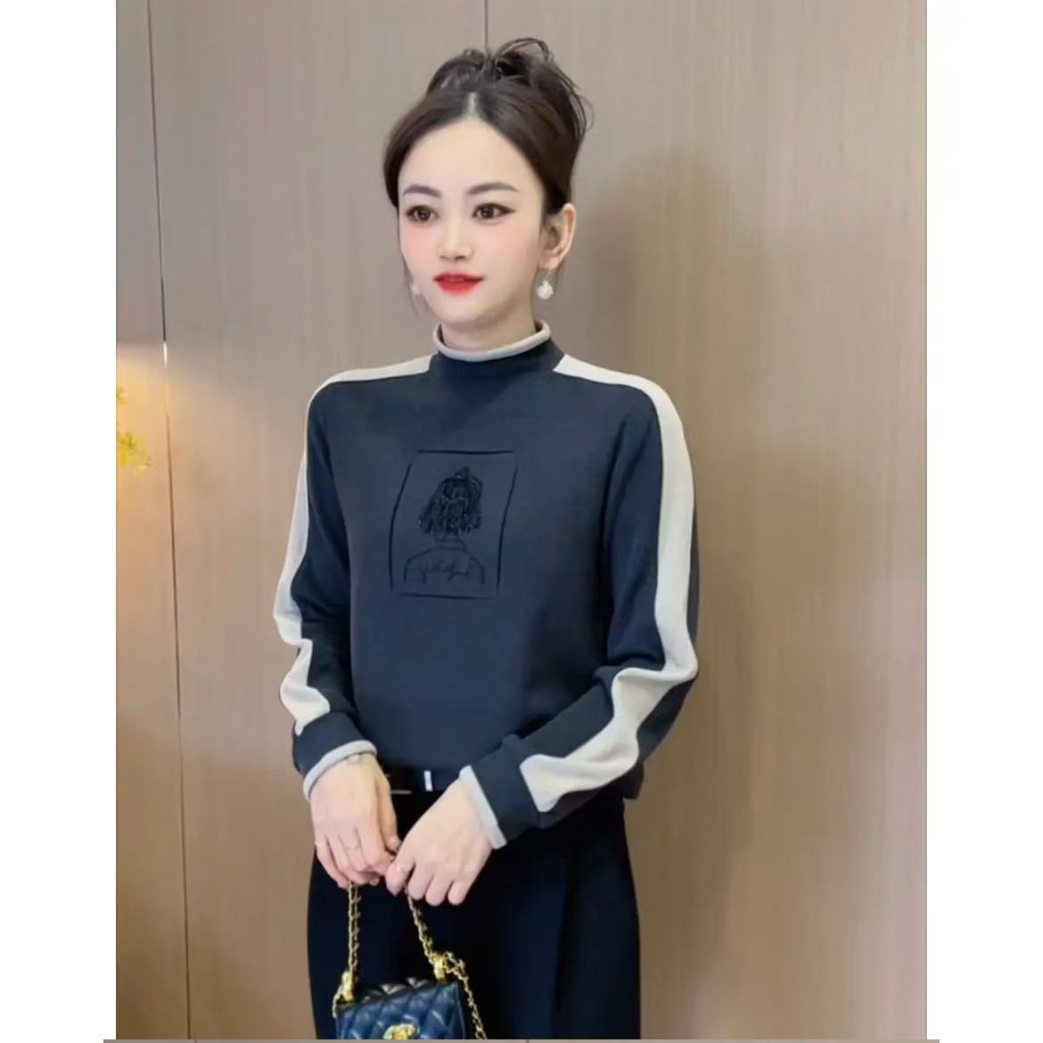 妈妈装时尚百搭宽松半高领双面德绒烫钻加绒加厚打底衫女