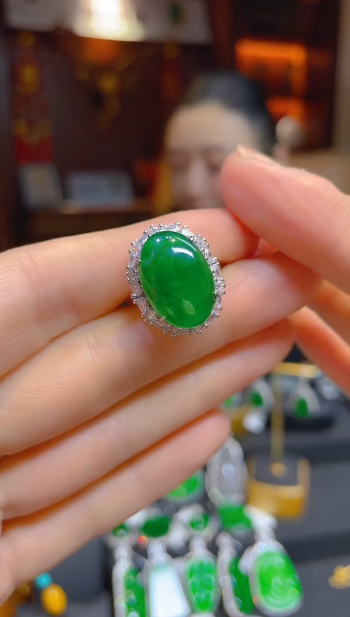 【闪购商品】翡翠戒指银S925镶嵌117487天然A货翡翠戒指