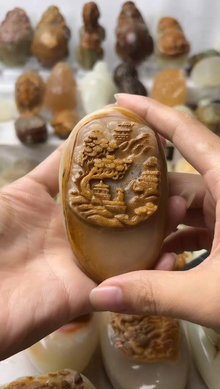 石材方解石手把摆件不退换山水