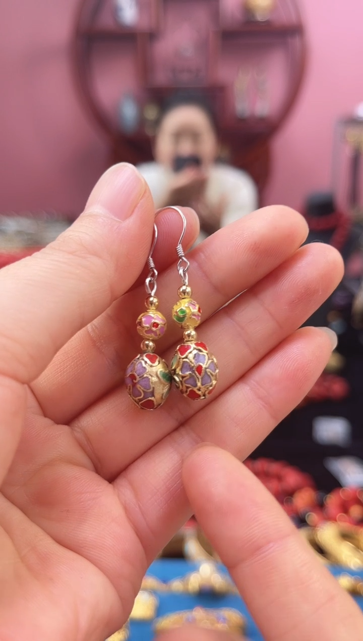 非遗 景泰蓝耳饰 金地枣珠