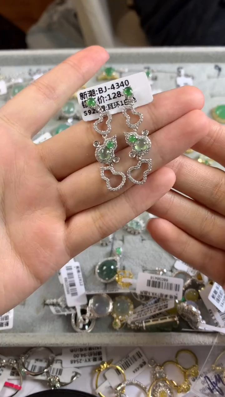 银S925镶嵌戒指翡翠耳饰9