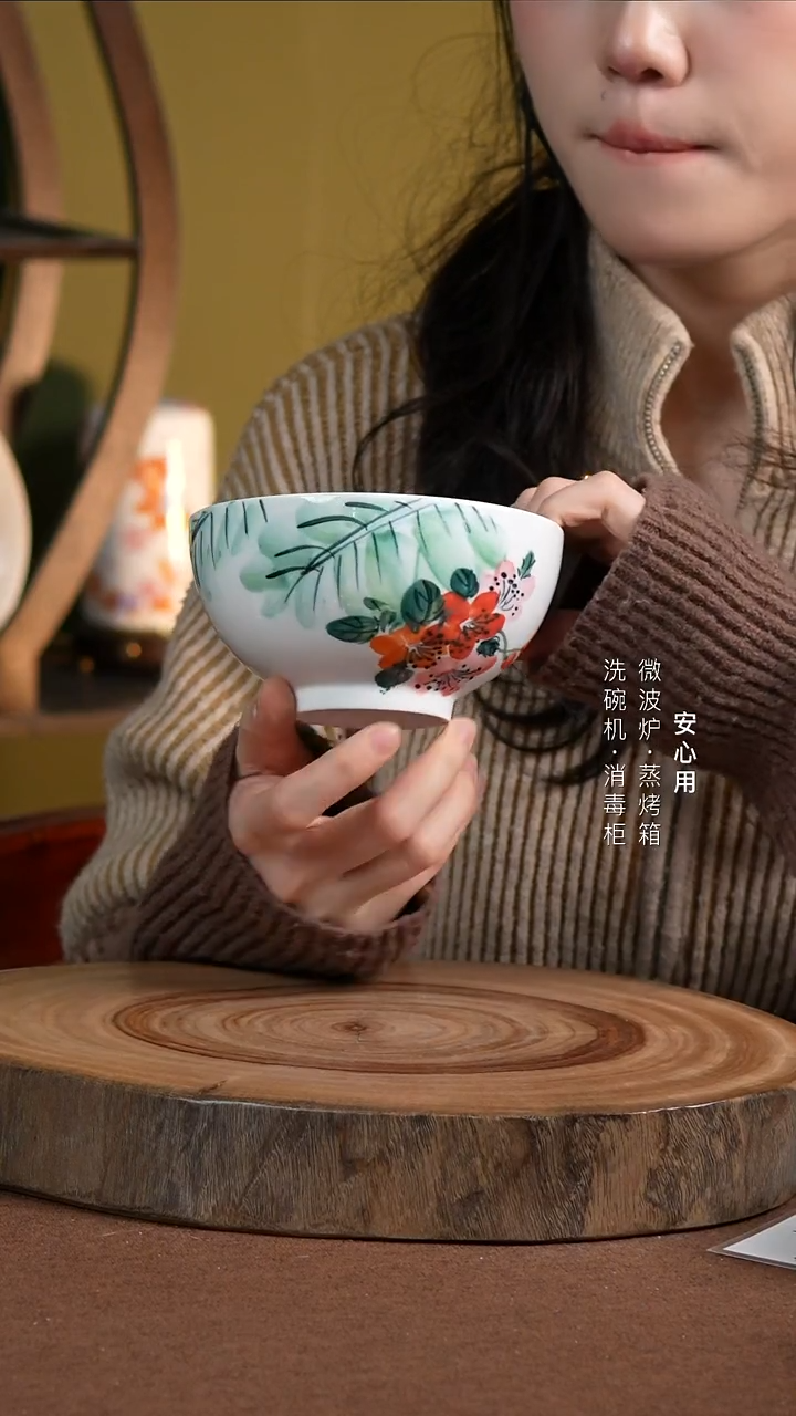 瓷景德镇高温手绘釉下彩5英寸奥碗芭蕉桃花