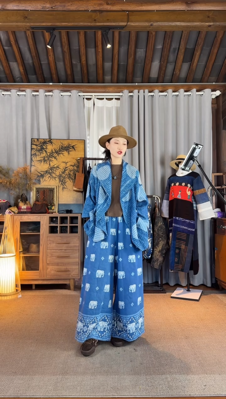 倾***雪设计师款拓印大象裤子