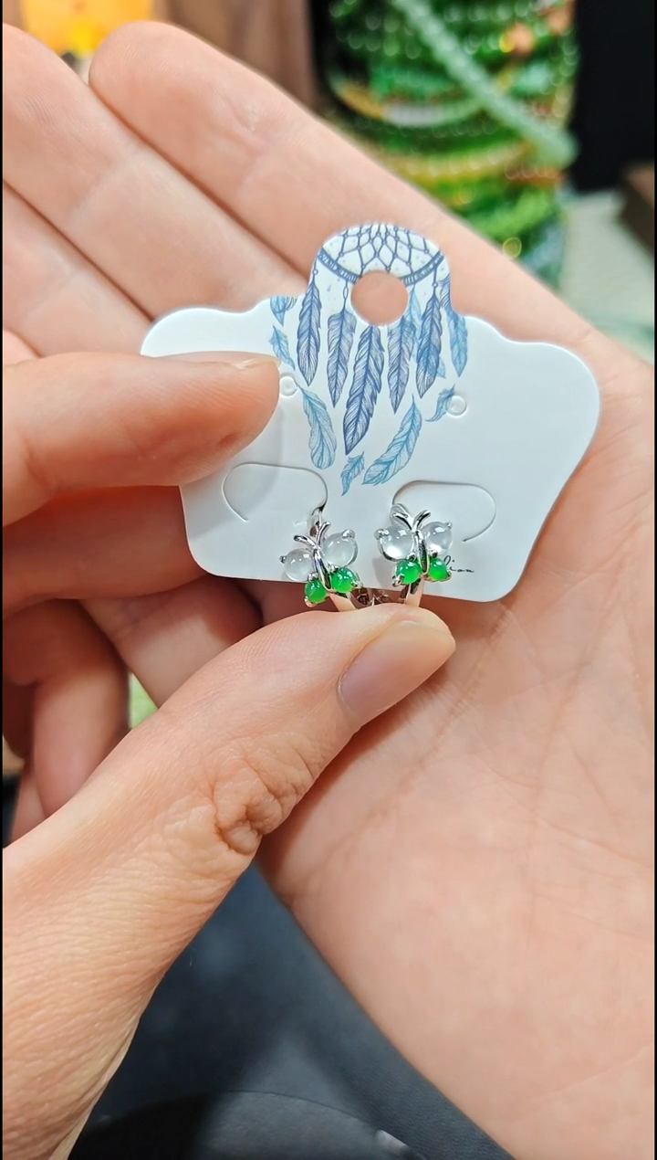 银S925镶嵌翡翠耳饰翡翠耳饰S925银镶嵌