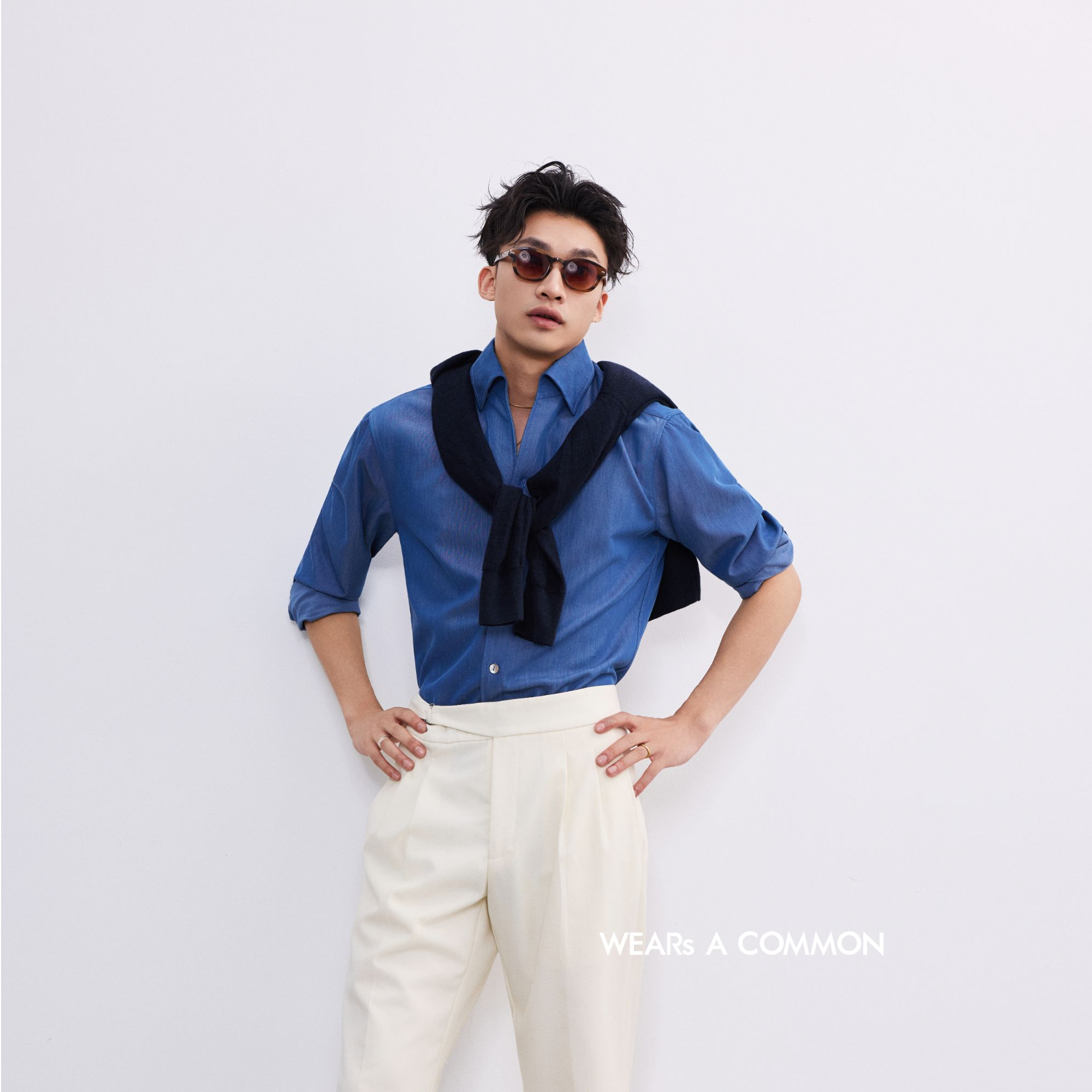 WAC 意式一片领蓝调那不勒斯褶丽赛纤维仿牛仔衬衫商品图