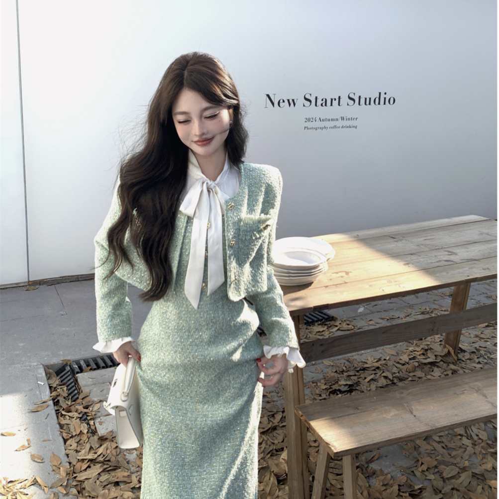 【安娜】大码女装小香风套装秋冬微胖设计感短外套吊带连衣裙两件套