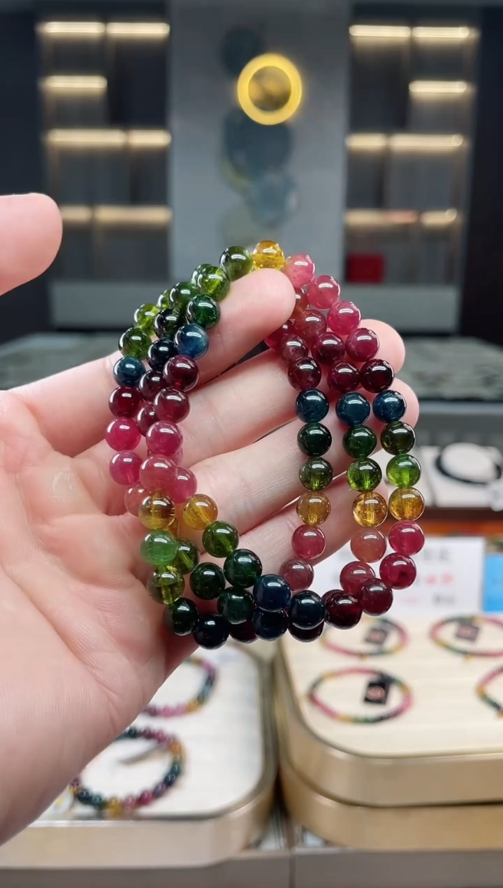 未镶嵌冰透体老矿碧玺彩虹三圈手串7mm+碧玺多样性发一条xion