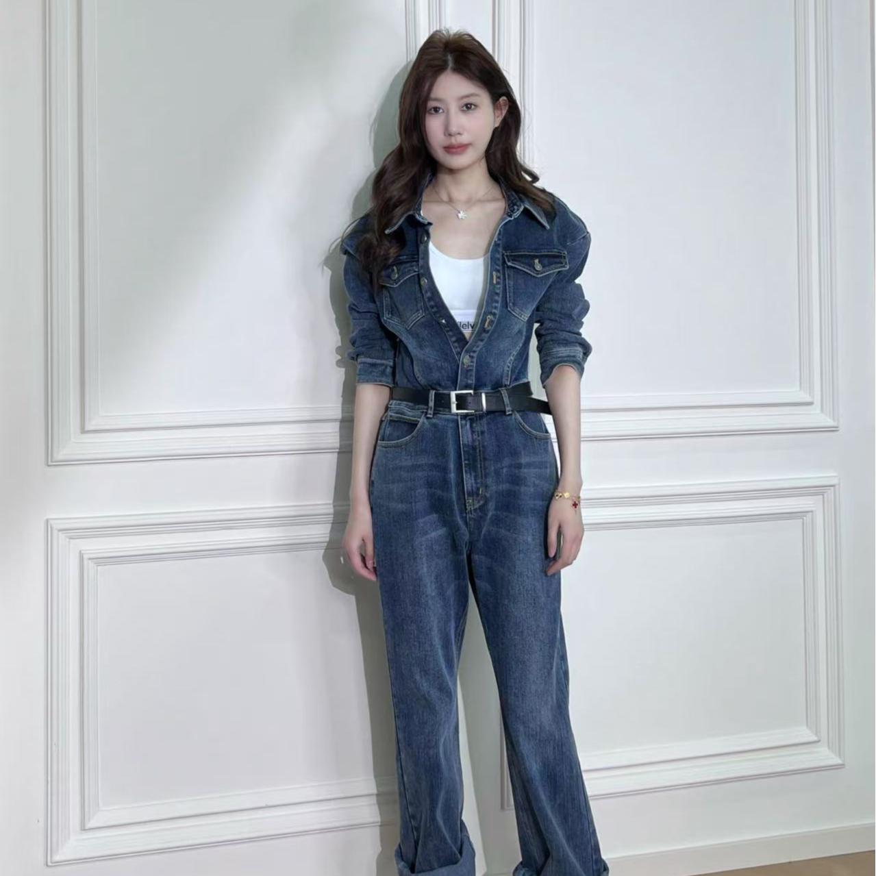 【孙钰颍】街头风春季高腰牛仔裤阔腿韩版套装短款秋季休闲