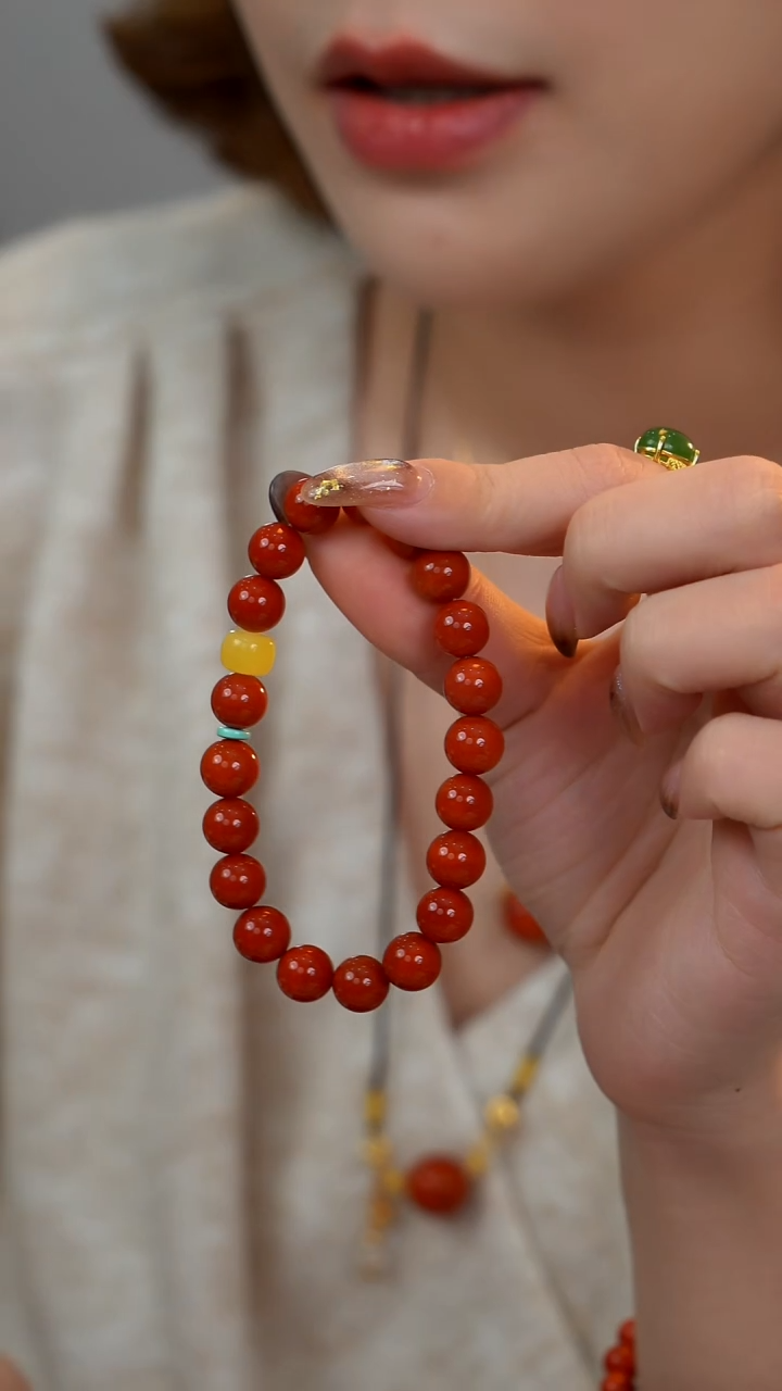 银S925镶嵌手链南红玛瑙南红蜜蜡绿松手串