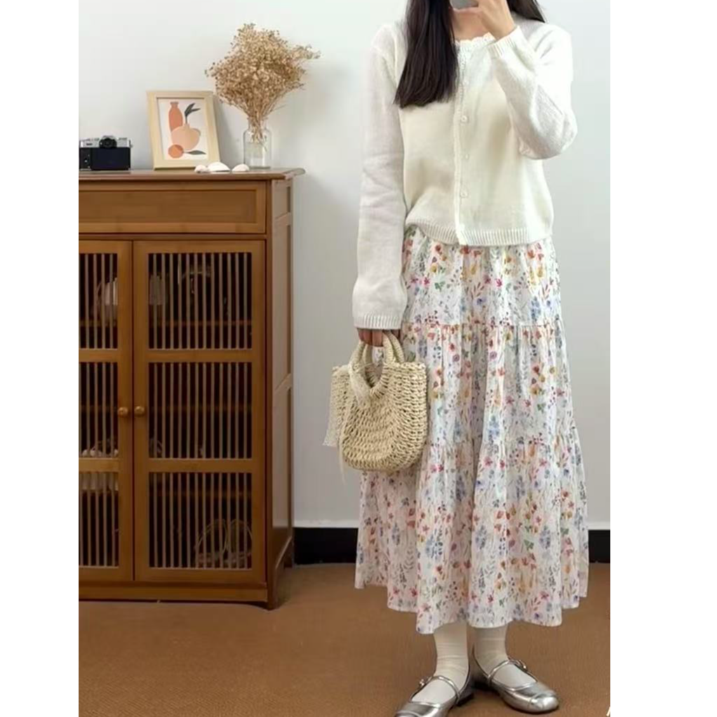 1号301-388编码春新甜美蕾丝边松紧腰法式a字半身长裙女