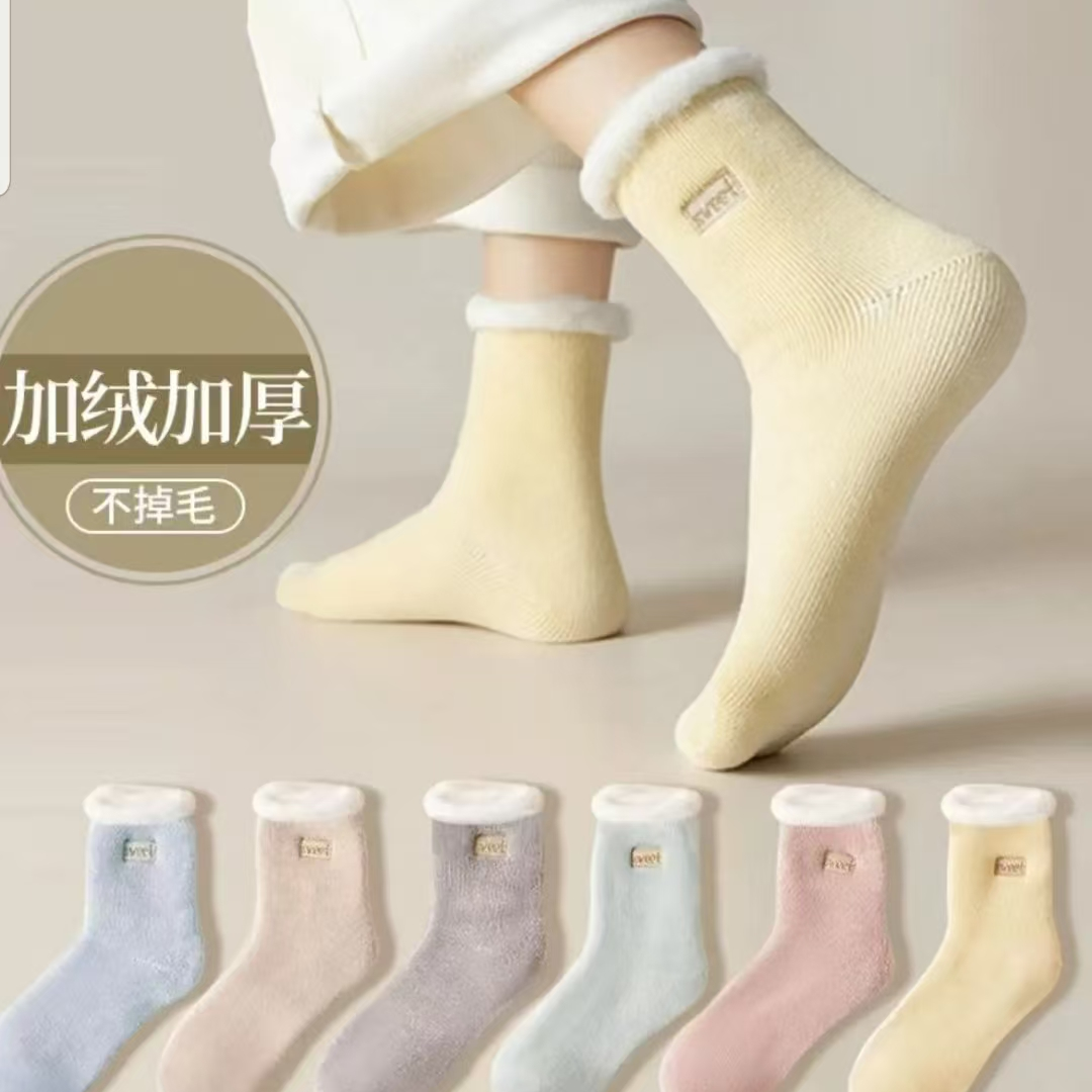 冬季地板袜加绒加厚中筒袜