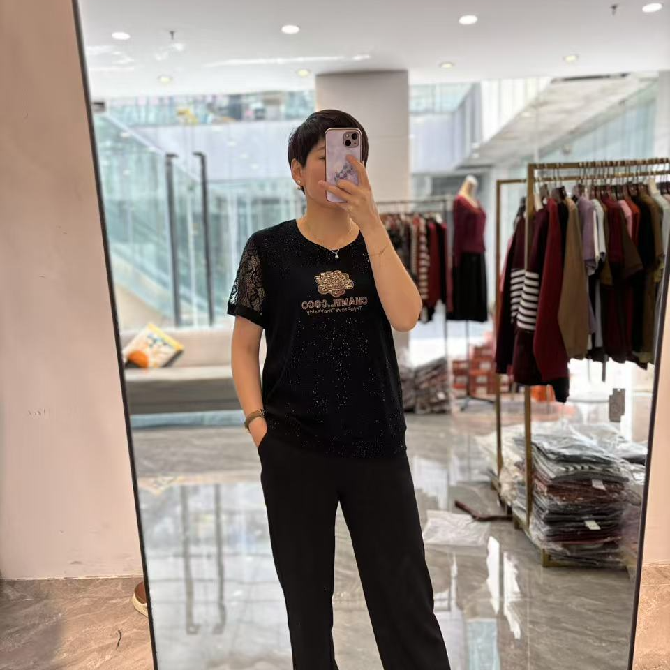 【丽丽家】大码女装时尚精致T恤蕾丝袖亮钻显瘦短袖5956