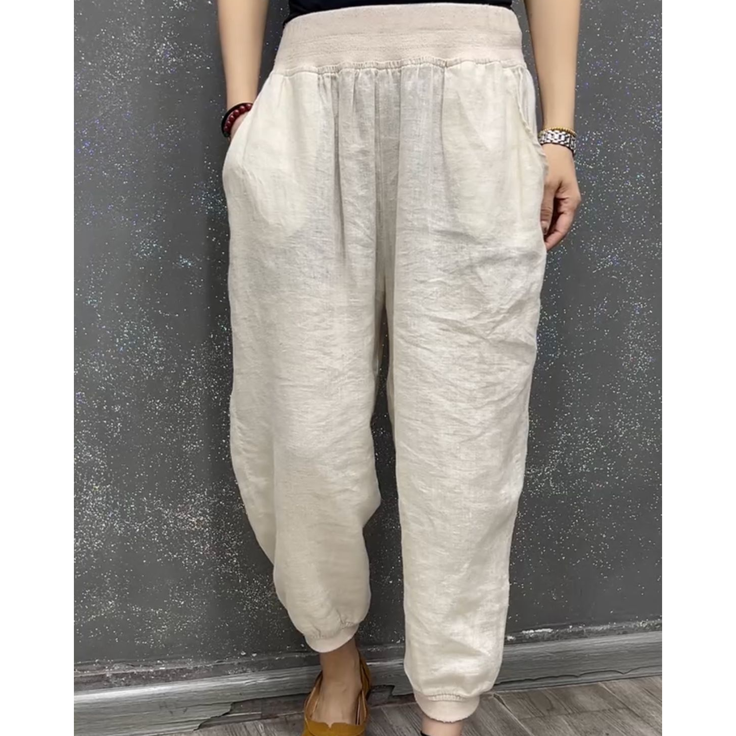 夏季新款亚麻纯色百搭休闲哈伦裤