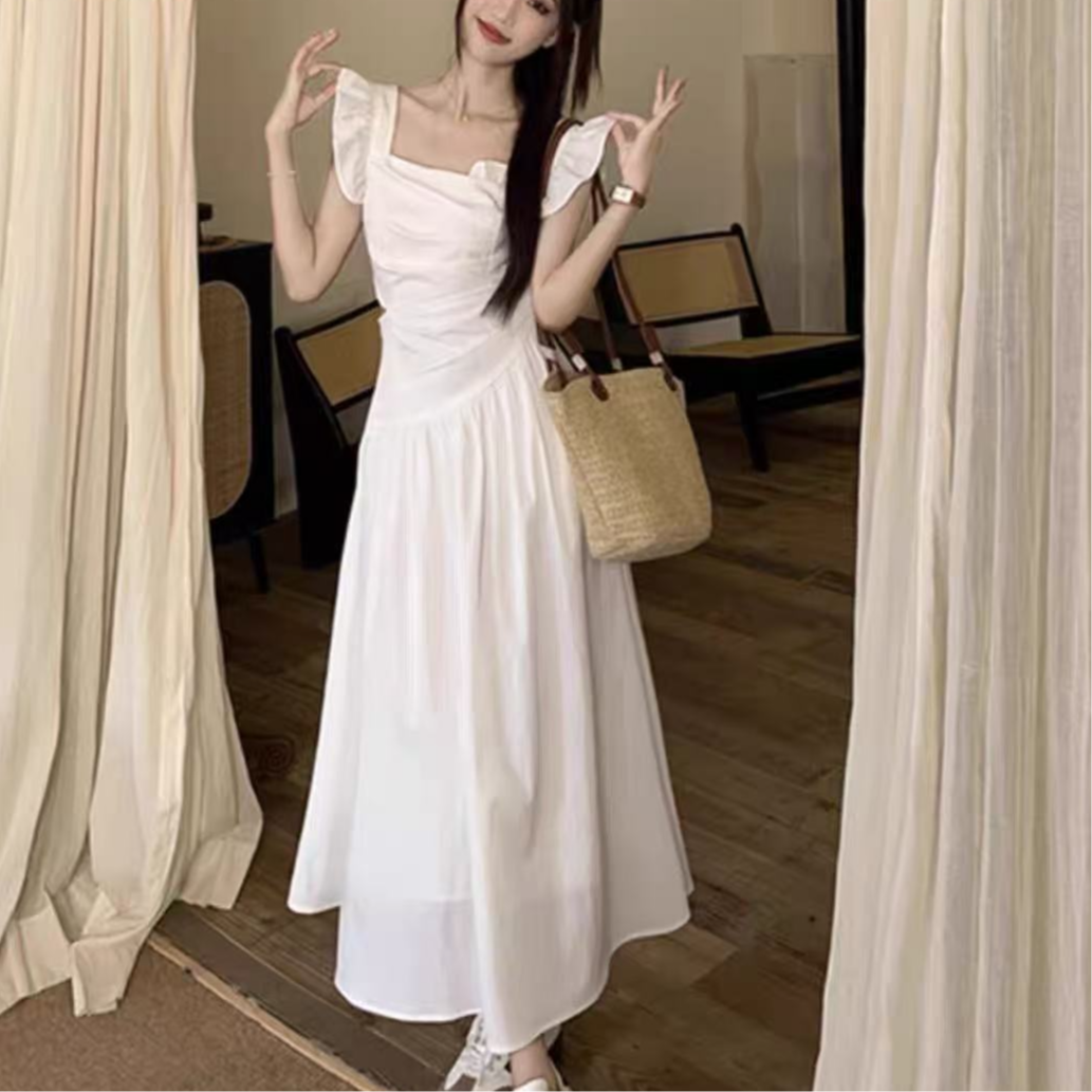 5983#【瑕-长112】2025新款时尚收腰显瘦气质飞飞袖连衣裙