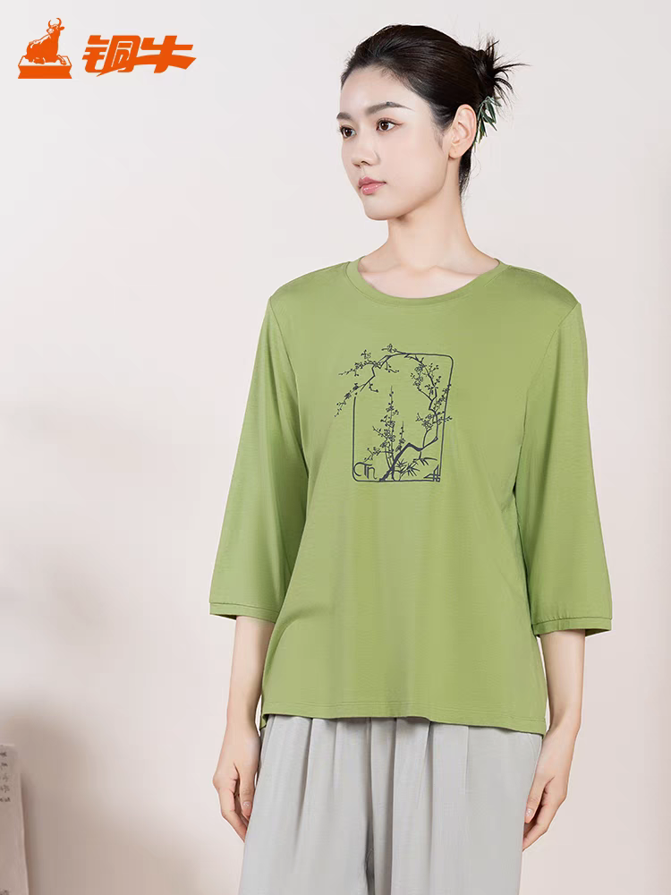 铜牛茶多酚净舒棉印花七分袖女衫 2025春夏新款休闲女T恤VS352