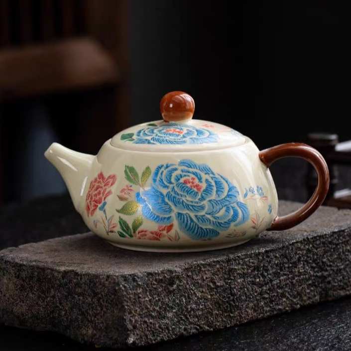 复古风手绘花卉陶瓷茶壶180ml家用泡茶壶