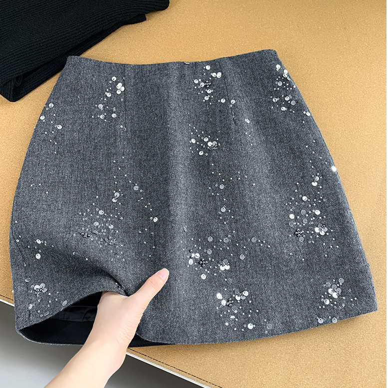 高腰显瘦亮片防走光半身裙女2025秋冬百搭气质减龄A字短裙15807